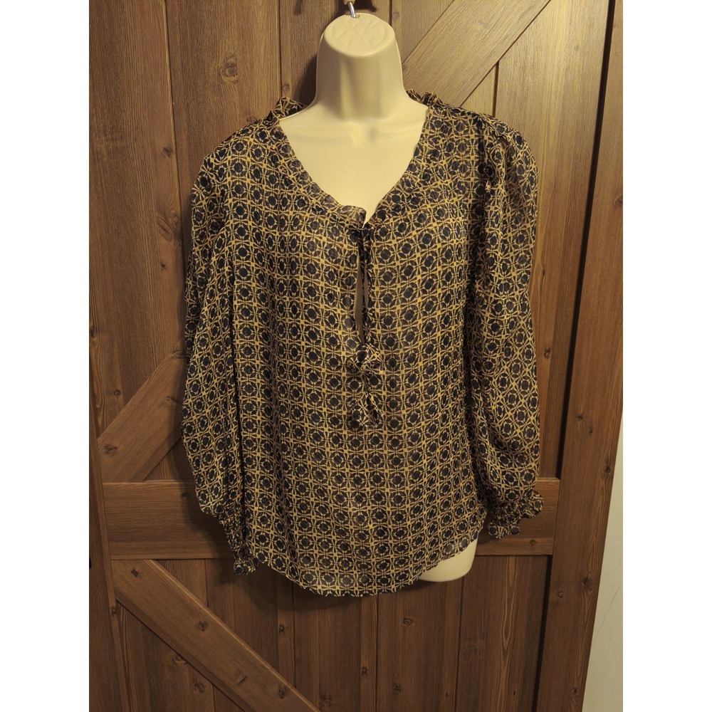 NWT‎ Misa Los Angeles Blouse Shirt Sheer Long Sleeve Top Tie Neck Black Tan M